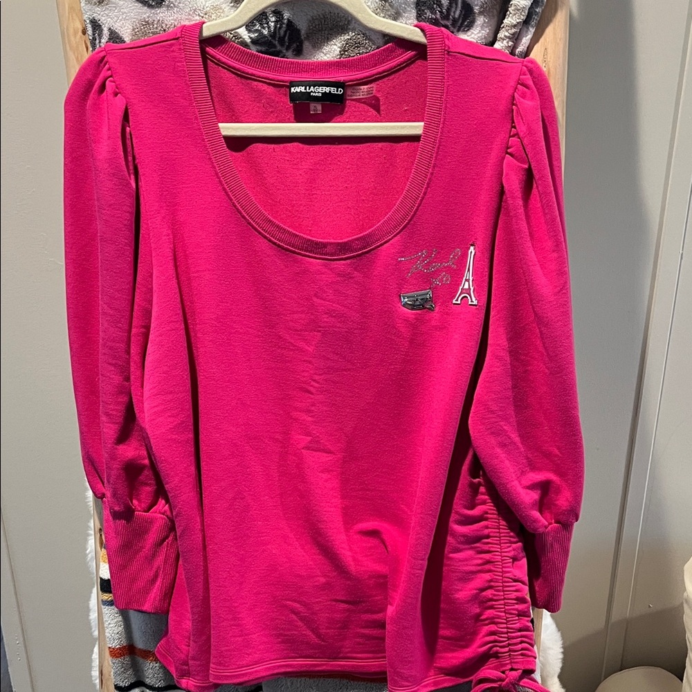 Karl Lagerfeld Hot Pink Scoop Neck Long Sleeve Top with Eiffel Patch
